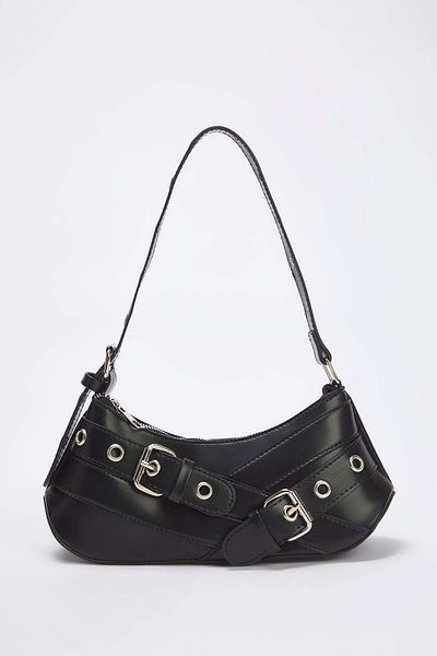 TRENDYOL SHOES Black Eyelet Belt Buckle Detailed Women's Baguette Shoulder Bag Takss25Oc00069