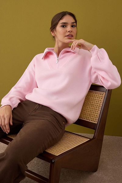 Trendyol Collection Pink Wide Fit Zippered Knitwear Sweater Twoaw26Kz00109