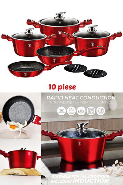 Berlinger Set de 10 vase de gătit, oală, tigaie, marmură, antiaderentă, vișinie, metalică, pe gaz, cu inducție, ceramică, electrică