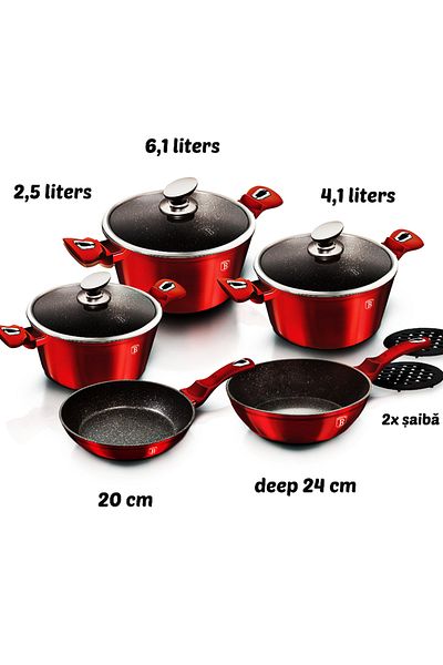 Berlinger Set de 10 vase de gătit, oală, tigaie, marmură, antiaderentă, vișinie, metalică, pe gaz, cu inducție, ceramică, electrică