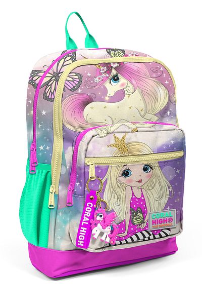 Coral High Rucsac de școală cu patru compartimente pentru copii, roz, verde apă, unicorn, fată, model 23733