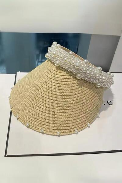 BAHELS Εισαγόμενο καπέλο με μπεζ πέρλες ψάθινο γείσο