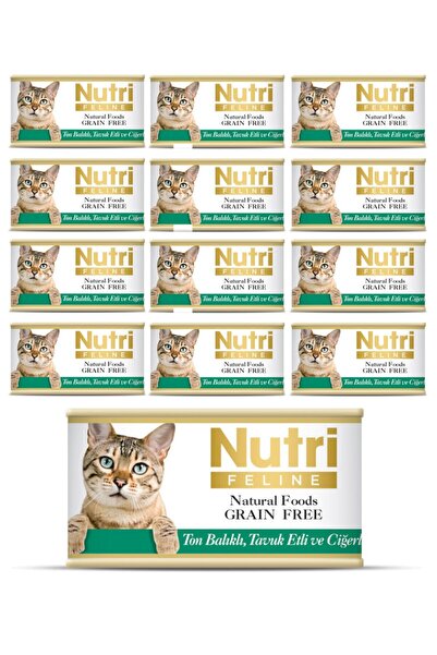 Nutri Feline Yetişkin Kediler için Ton Balıklı, Tavuk Etli ve Ciğerli 12 Adet 85gr Tahılsız Yaş Mama