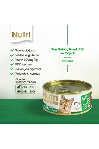 Nutri Feline Yetişkin Kediler için Ton Balıklı, Tavuk Etli ve Ciğerli 12 Adet 85gr Tahılsız Yaş Mama