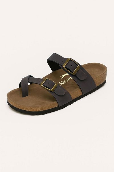 Slazenger Lara Women's Flip Flops Double Buckle Anatomical Sole Slippers – Brown Nubuck