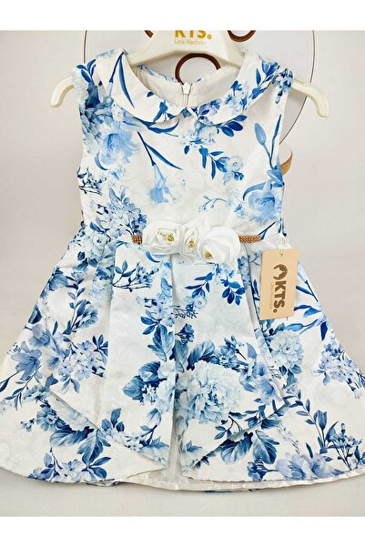 GAMZEAKKUŞ Baby Collar, White Rose Detail, Floral Patterned Evening Dress Children's Dress
