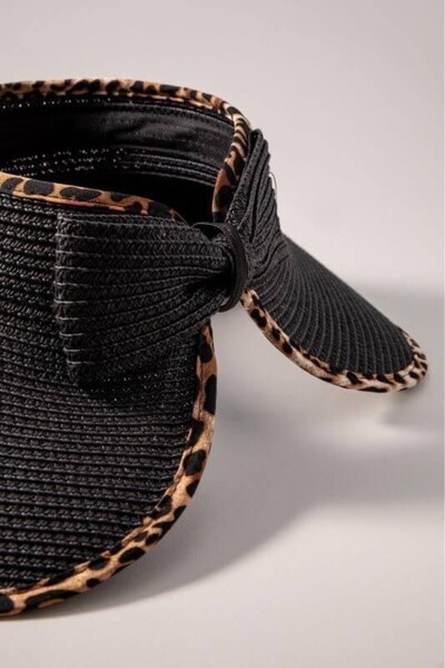 BAHELS Imported Black Leopard Bow Folding Sunscreen Straw Visor Hat