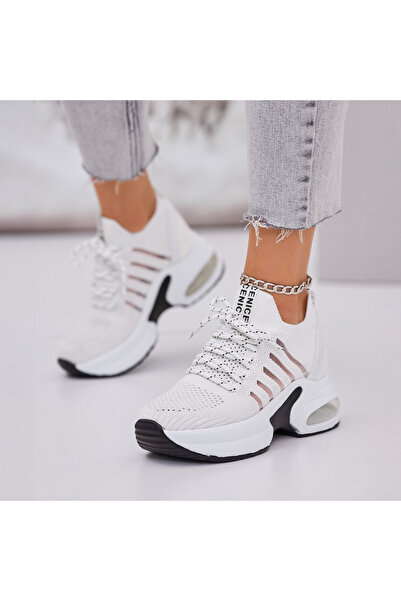 Ayakkabı Delisiyim Gizli Dolgu Topuklu Kadın Beyaz Spor Ayakkabı – Triko Sneaker, Hafif, Air Tabanlı, Dansel