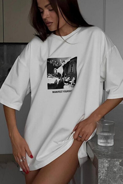 GUARAZ تي شيرت نسائي صيفي أبيض مطبوع برقبة دائرية ومقاس كبير من القطن بنسبة 100%