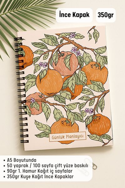 Eldesen Tasarım Daily Planner A5 Notebook, Notes, to Do, Flexible Cardboard Cover, 100 Days, Orange