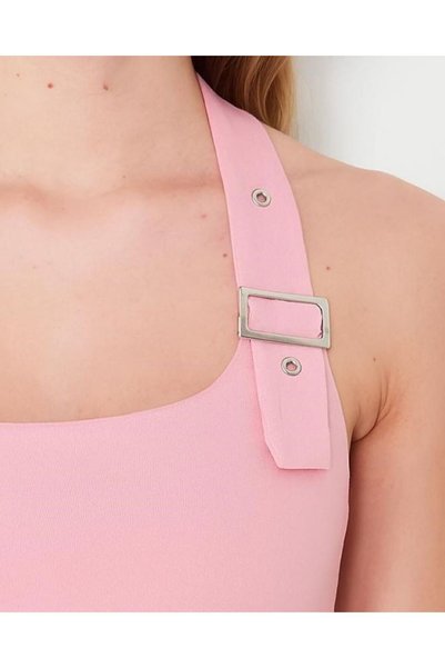 BY HUPE Pink Halter Neck Belt Detailed Body Fitting Knitted Blouse
