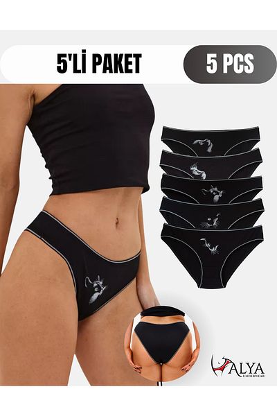 ALYA UNDERWEAR Chiloți pentru femei din bumbac imprimat cu pisică neagră 5 bucăți