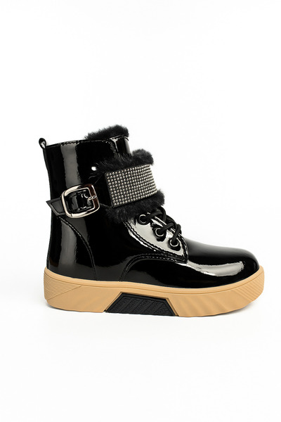 Nstil Günlük Kız Çocuk Siyah Rugan Bot Fermuarlı Lastik Bağcıklı Kürk Ve Taş Detay Kaymaz Taban Bootie 391