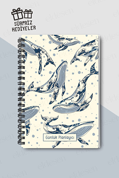 Eldesen Tasarım Günlük Planlayıcı A5 Defter, Notlar, Yapılacaklar, Esnek Karton Kapaklı, 100 Günlük, Balinalar