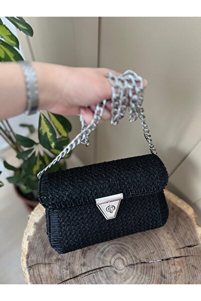 thekam Belek - Simli Siyah Çanta Örgü Kiti 45x21 (ÇANTA ZİNCİRİ, KANVAS, SİMLİ NO.4 200 Gr IP, KİLİT, IĞNE)