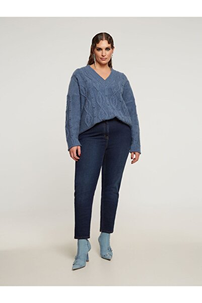 Şans Women's Plus Size Navy Blue, Back Belt Rubber Detail, Back Pocket Embroidery, 5 Pocket Jeans 65N39021