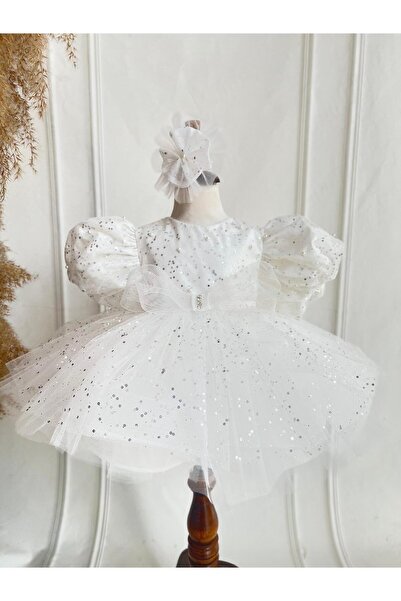 Hobidik Beyaz Simli Fiyonk Detay Kız Çocuk Tütü Doğum Günü Elbise