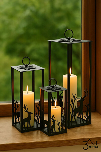 3art Metal Dekoratif Üçlü Mumluk Fener - 3'lü Metal Şamdan