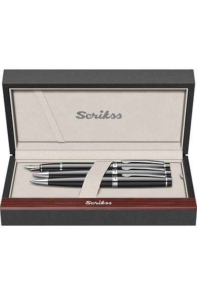 Scrikss 38 Fountain Pen + Ballpen + Versatile Triple Set Black Chrome (Lifetime Warranty-Luxury Box)