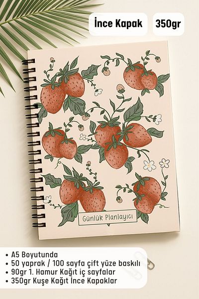 Eldesen Tasarım Daily Planner A5 Notebook, Notes, to Do, Flexible Cardboard Cover, 100 Days, Strawberry