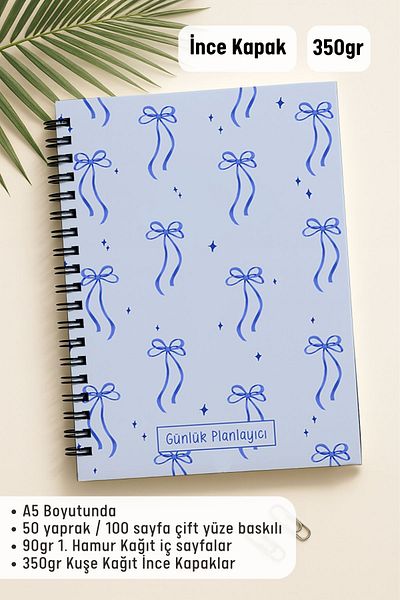 Eldesen Tasarım Daily Planner A5 Notebook, Notes, to Do, Flexible Cardboard Cover, 100 Days, Blue Bow