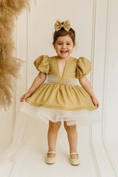 Hobidik Gold Glitter Fabric Puffy Birthday Dress