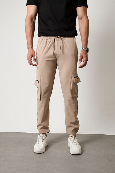 GETMAH Men's Beige Color Comfortable Fit Cargo Pocket Detailed Jogger Sweatpants