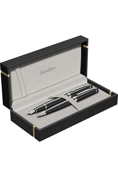 Scrikss 38 Fountain Pen + Ballpen Double Set Black Chrome (Lifetime Warranty-Luxury Boxed)