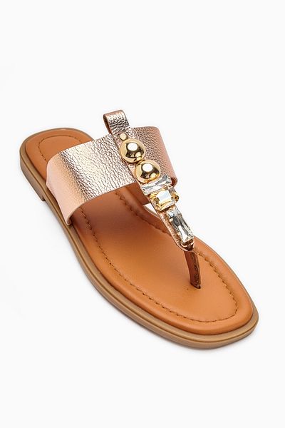 Limoya Genuine Leather Petya Tan Stone Flip Flops Women's Slippers