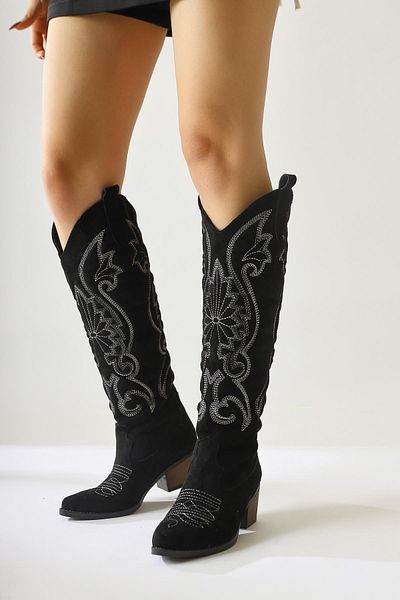 Limoya Dani Black Suede Broderie Detaliată Vârf Ascuțit Western, Cizme Cowboy Damă