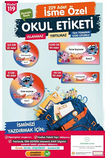 t tuğset etiket Okul Etiketi  Stitch Temalı Kalem Defter Etiketi Özel İsim Ya...
