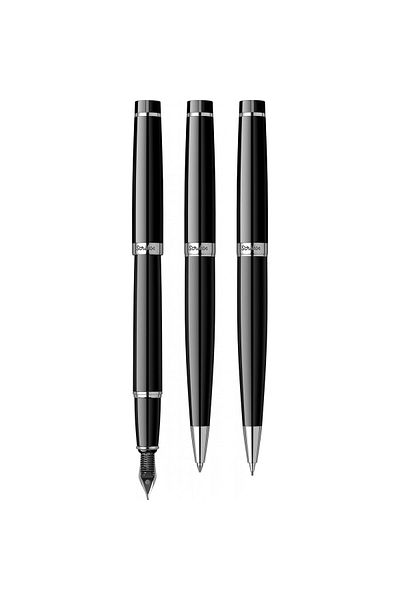 Scrikss 38 Fountain Pen + Ballpen + Versatile Triple Set Black Chrome (Lifetime Warranty-Luxury Box)