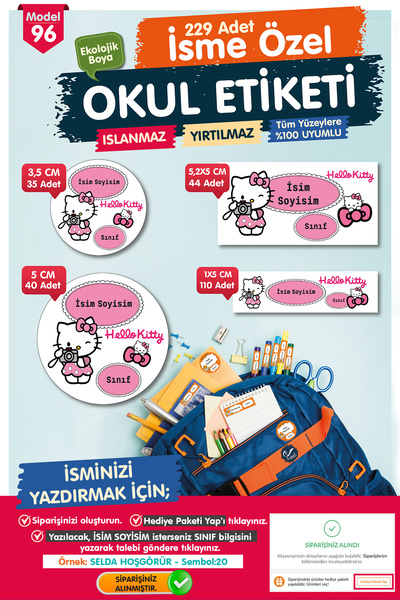 t tuğset etiket Okul Etiketi Hello Kitty Kalem Defter Etiketi Özel İsim Yazıl...