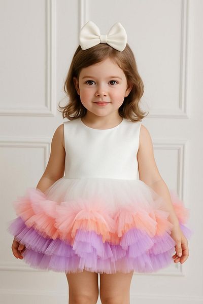 Hobidik White Color Gradient Tutu Baby Girl Kids Party Dress