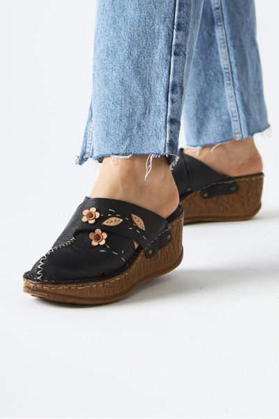 Limoya Hakiki Deri Alto Siyah Dolgu Terlik Eskitme Tabanlı Comfort Terlik