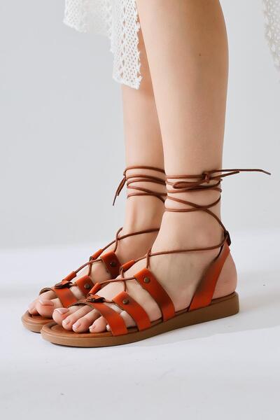 Limoya Genuine Leather Ruut Orange, Orange Rivet Detailed Ankle-Strap Women's Sandals Opportunity Product