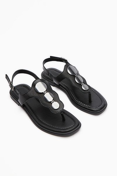 Limoya Genuine Leather Rasha Black Buckle Flip Flops Women's Sandals