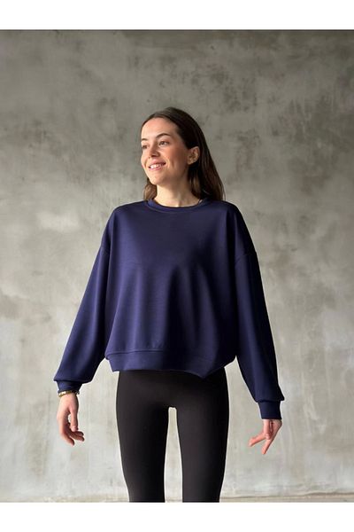 modamtn Osy Modal Soft Textured Fabric Crew Neck Oversize Sweatshirt - Navy Blue