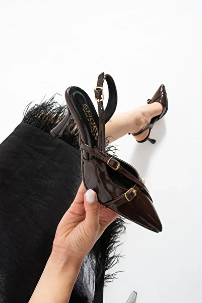 Elvis Double Banded Buckle Detailed Brown Patent Leather Women's Heeled Shoes