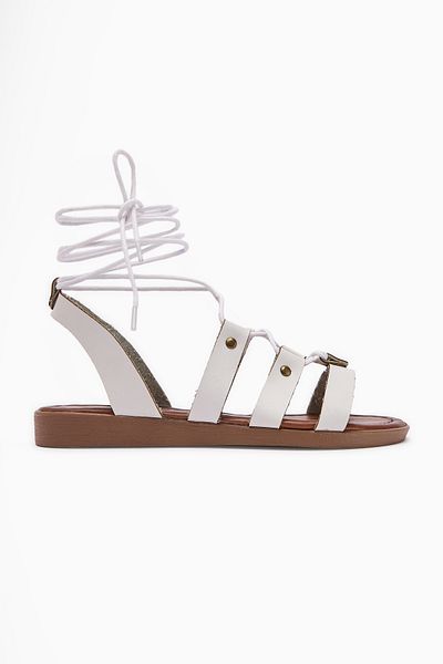 Limoya Genuine Leather Ruut White Rivet Detailed Ankle Strap Women's Sandals
