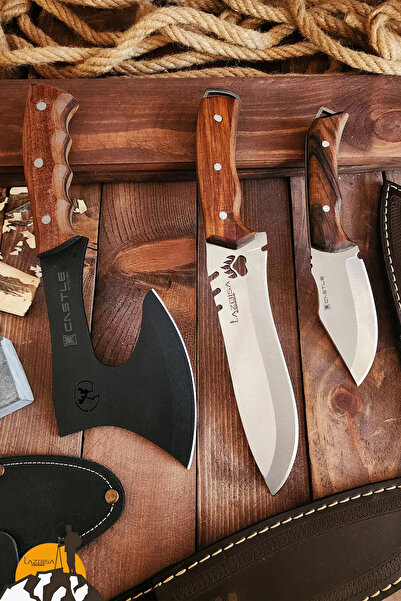 LAZBİSA 3 Lü Outdoor Balta Bıçak Seti Kamp Baltası Bıçak Şef Bıçağı Nacak Budama Baltası Lzbltdx