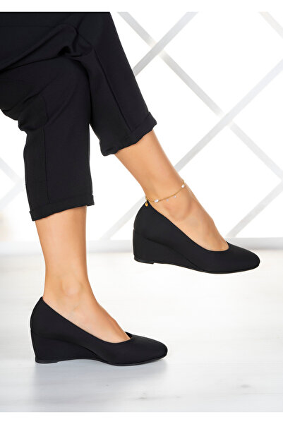 Erkan Saçmacı Maya Black Crepe Round Toe Wedge Heeled Casual Shoes