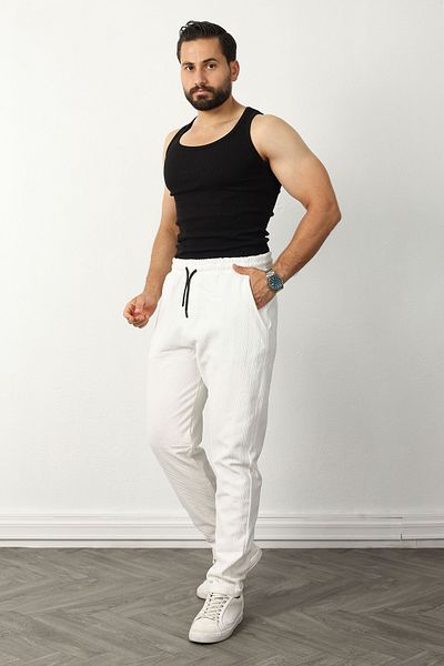 GETMAH Men's White Color Double Leg Textured Fabric Sweatpants