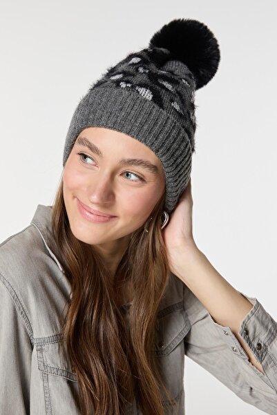 Axesoire 14454 Içi Polarlı Leopar Desenli Gri Triko Örgülü Bere