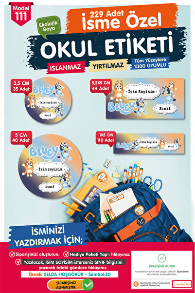 t tuğset etiket Okul Etiketi Bluey Temalı Kalem Defter Etiketi Özel İsim Yazı...
