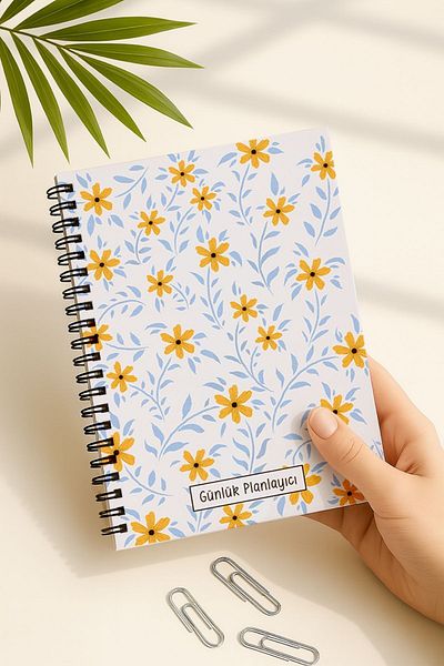 Eldesen Tasarım Daily Planner A5 Notebook, Notes, to Do, Flexible Cardboard Cover, 100 Days, Yellow Daisy
