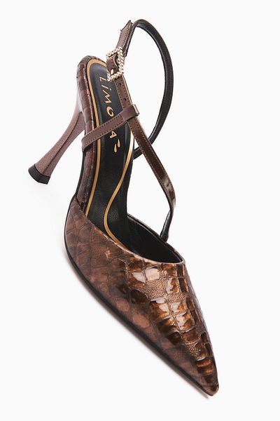 Limoya Pantofi de damă cu toc cu vârf ascuțit cu model de crocodil Sarah maro din piele naturală