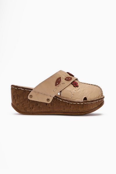 Limoya Genuine Leather Alto Beige Wedge Women's Slippers Antique Sole Comfort Women's Slippers