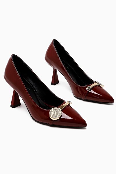 Limoya Rafah Bordo Rugan Taşlı Şampanya Topuklu Kadın Ayakkabı