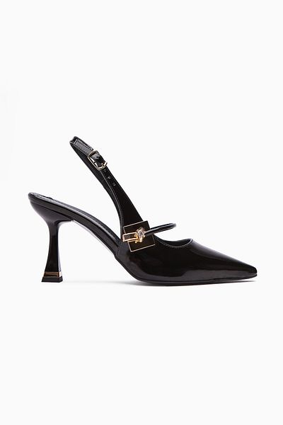 Limoya Sarita Black Patent Leather Buckle Pointed Toe Women's Heeled Shoes
